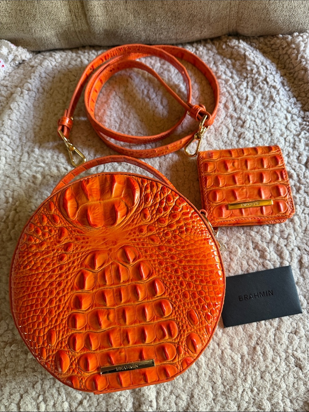 Brahmin Bright Orange Croc-Embossed Round Crossbody with Matching Card Case